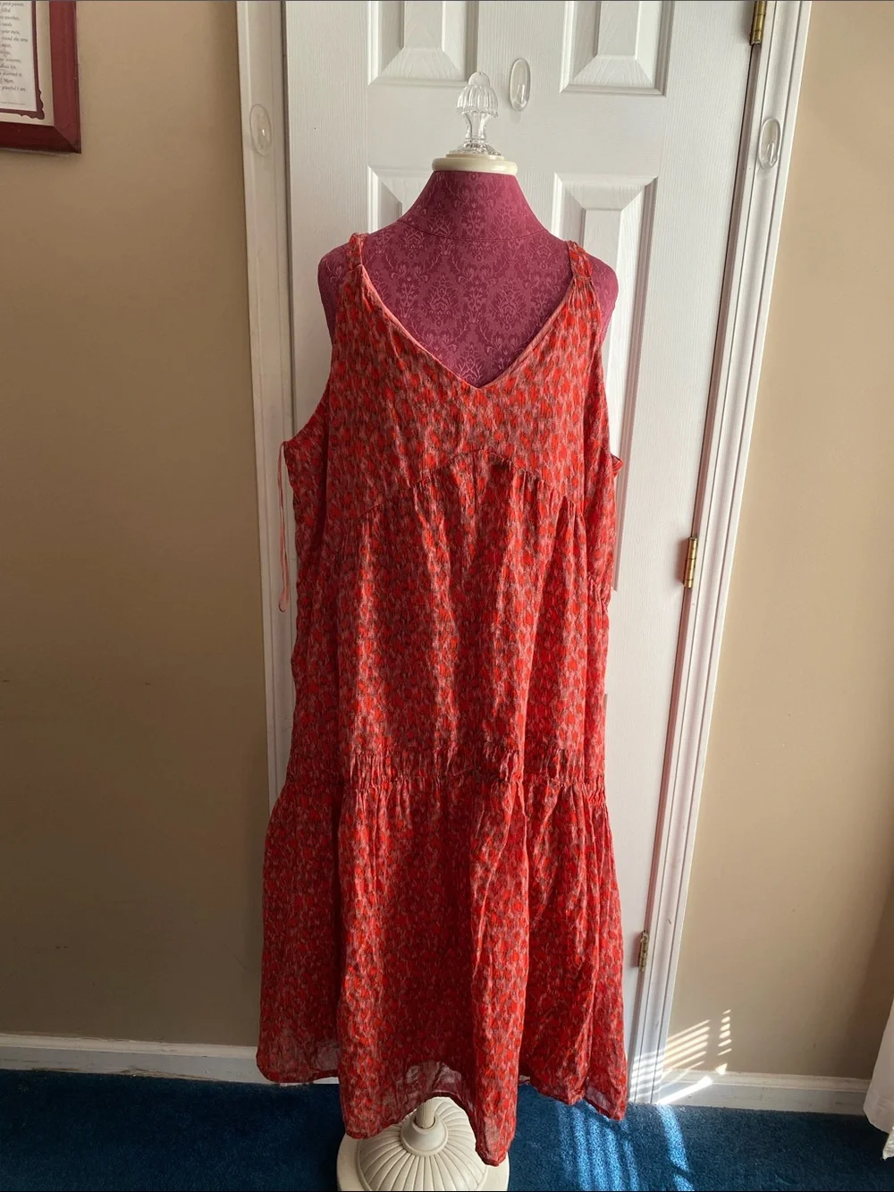 Josie Sun Dress XXL Red-Pink V-Neck Tiered Ruffle Cotton Cottage Core Dress
